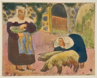 Mulheres bretãs a alimentar porcos