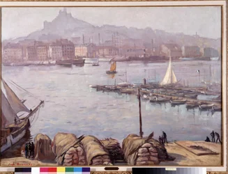O antigo porto de Marselha e Notre Dame de la Garde (Notre-Dame-de-la-Garde), também chamado "A Boa Mãe" Pintura de Emile Bernard (1868-1941) 1929 Dim. 77,5x107 cm Menção obrigatória: Colecção Fundação Respeitos da Provença, Marselha