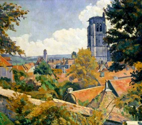 "Vista de Tonnerre com a igreja de Notre Dame. Vista dos telhados da cidade de Tonnerre, no departamento de Yonne, na Borgonha. Pintura de Emile Bernard (1868-1941)