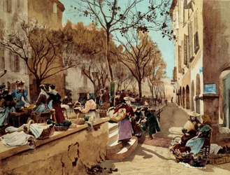 Um Dia de Caminhada na Provença no século XIX Pintura de Emile Charles Dameron (1848-1908) Paris do final do século XIX, artes decorativas