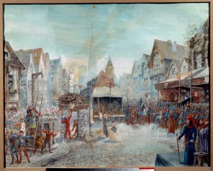 Guerra dos Cem Anos: "Joana of Arc (1412-1431) é liderada no talho" (Place du Vieux-Marche em Rouen). Pintura por Emile Deshays (1875-1946) 1901. Sol. 0,73x0,6 m Rouen, Musee des Beaux Arts Atenção! A utilização desta obra pode ser sujeita a uma terceira p