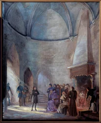 Guerra dos Cem Anos: "Joana of Arc (1412-1431) é questionada pelos juízes" Pintura de Emile Deshays (1875-1946) 1901. Sol. 0,73x0,6 m Rouen, Musee des Beaux Arts Atenção! A utilização desta obra pode ser sujeita a um pedido de autorização de terceiros ou a
