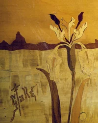 Mesa estilo Art Nouveau, de Emile Galle (1846-1904), nogueira com acabamento em folheado e várias madeiras, detalhe, França, século 20