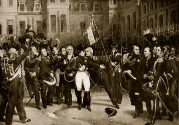 A despedida de Napoleão dos seus generais em Fontainebleau, 1814, ilustração de «História da Nação Britânica de Hutchinson», c. 1923