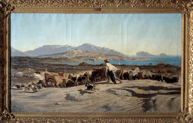 Vista de Marselha tirada das Aygalades, um dia de caminhada Em primeiro plano de jovens pastores com o rebanho. Pintura de Emile Loubon (1809-1863) 1853 Dim. 1,40 x 2,60 m Marselha. Museu de Belas Artes