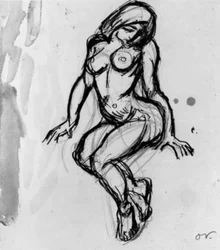 Modelo feminino sentado, virado para a esquerda.