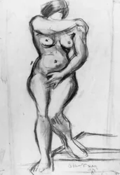 Modelo feminino em pé no rosto, croquis.