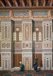 Interior da Mesquita de Khosne Ahmed el-Bordeyny. Cromolitografia segundo Emile Prisse d