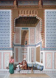 Interior da Mesquita de Khosne Ahmed el-Bordeyny. Cromolitografia segundo Emile Prisse d