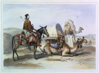Kafila com um camelo que carrega um Hodesh, ilustração "do vale do Nile", gravado por Lehnert, bar. por Lemercier, 1848