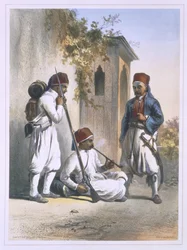 Nizamior, tropas regulares do exército turco em Kanka, ilustração de "o vale do Nilo", gravado por Mouilleron, bar. por Lemercier, 1848