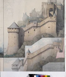 Vista do machicoulis entre a Torre Norte e a Torre Claudine do Mont Saint Michel. Desenho de Emile Sagot. Museu Municipal de Avranches (Manche)