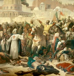 Pormenor: Primeira Cruzada: «A tomada de Jerusalém pelos cruzados em 15/07/1099» - Godofredo de Bolonha dá graças a Deus na presença de Pedro, o Eremita