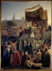 São Bernardo de Claraval pregando a Segunda Cruzada na presença do rei Luís VII, da rainha Leonor da Aquitânia e do abade Suger, em Vézelay, na Borgonha, em 31 de março de 1146.