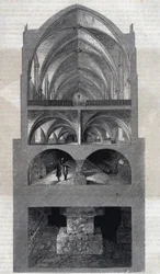 Secção transversal da escola secundária de Napoleão em Paris (hoje, Lycee Henri IV). De cima para baixo: o refeitório, a cozinha, as adegas, as catacumbas. Gravura de Therond. Em "Le Magasin Picturesque" (Le Magasin Picturesque)