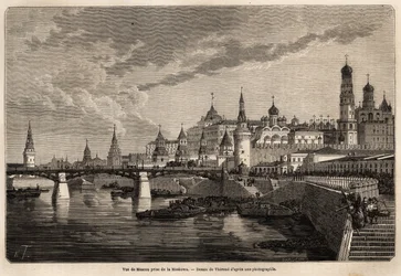 Vista geral de Moscou, tirada do Moskowa, desenho de Therond, para ilustrar a viagem de Shangai a Moscou, de 1859 a 1862, de M. de Bourboulon, Ministro da França à China. Gravura em "Le tour du monde", editado por Edouard Charton