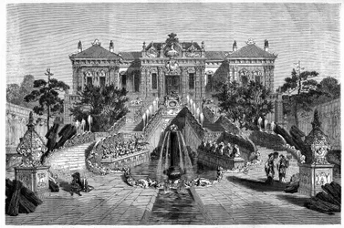 Haiyan Tang Pavilion tem arquitetura ocidental no Ete Palace, em Pekin (Pequim). Gravura após desenho de Therond, em "Le Tour du Monde, Nouveau journal des Voyages", editado por Edouard Charton, Paris.