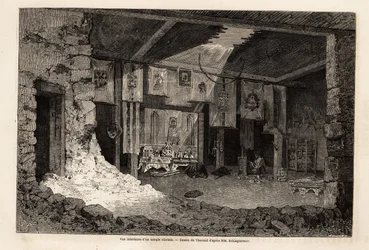 Vista interna de um templo tibetano, desenho de Therond, para ilustrar a recapitiva do ano geográfico de 1862, de Vivien de Saint Martin. Gravura em "Le tour du monde", editado por Edouard Charton
