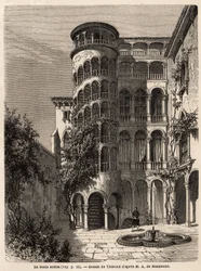 La Scala Antica, desenho de Therond, para ilustrar a viagem de Adalbert de Beaumont a Veneza, por volta de 1850. Gravura em "Le tour du monde", editado por Edouard Charton