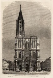 A fachada da catedral de Estrasburgo, desenhada por Therond, para ilustrar a viagem de Victor Duruy de Paris a Bucareste em 1860. Gravura em "Le tour du monde" 1861. A coleção de Selva.