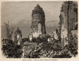 As ruínas tomadas na vegetação da selva, em Ajuthia (Tailândia), desenhadas por Therond, para ilustrar a viagem através dos reinos do Sião, Camboja e Laos, de 1858 a 1861, por Henri Mouhot. Gravura em "Le tour du monde", editado por Edouard