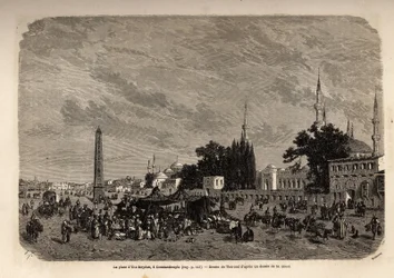A praça de Ett Meydan, Constantinopla (atual Istambul, Turquia), desenhada por Therond, para ilustrar o estudo sobre as mulheres turcas, de 1862, de F. Jerusalemy. Gravura em "Le tour du monde", editado por Edouard Charton