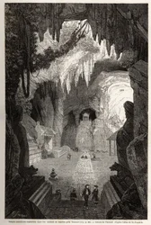 Templo Budista Subterrâneo em rochas de mármore perto de Tourane, desenho de Therond, para ilustrar as notas de uma correspondência única com Cochinchine. Gravura em "Le tour du monde, nouveau journal des voyages" Paris