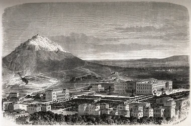 Vista de Athenes Grécia, desenho de Therond, para ilustrar a história de M.A.Proust, um inverno em Athenes