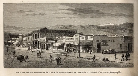 Vista de uma das ruas comerciais da cidade de Salt Lake City (Utah, EUA), gravada após o desenho de E. Therond, ilustrando a viagem de Washington a São Francisco, em 1868, por L. Simonin, publicada em "Le tour du monde" 1874, editada por Ed