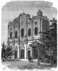 Vista da fachada da catedral de Nantang, construída no local da casa de Matteo Ricci (1552-1610), pai do catolicismo na China. Gravura após um desenho de Therond, em "Le Tour du Monde, Nouveau journal des Voyages", editado por Edouard Chart