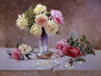 Natureza morta de rosas cor-de-rosa e amarelas. Pintura de Emile Vernon (1872-1919) Coleção particular.