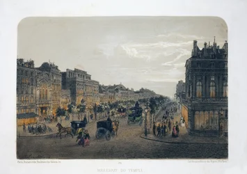 Boulevard du Temple, Paris. Litografia aquarela, ilustração de E.de la Tramblaiz, em "Album, souvenirs de Paris", Daziaro editor, Paris