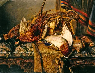 Natureza morta com faisões numa mesa de mármore, c.1850 (óleo sobre tela)