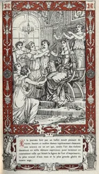 Ballet no castelo de Fontainebleau durante o qual as damas da Corte do Rei Henrique II (1519 - 1559) representam cada uma uma uma ciência ou arte. Gravura de 1914 por Emmanuel Blanche (1880-1946).DR Colecção privada.