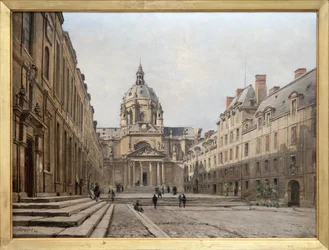 Vista do pátio da antiga Sorbonne em 1886, o antigo conjunto da Sorbonne construído no século XVII a pedido de Richelieu foi destruído para ser reconstruído e ampliado entre 1885 e 1901. Os edifícios inspirados no estilo Luís XIII foram concebidos