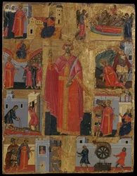 Ícone de St Catherine com cenas de sua vida (tempera de ovo no painel)