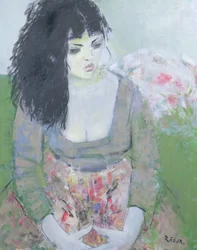 Brinco indiano (menina de cabelos escuros em verde) (óleo sobre tela)