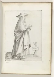 Espanhol m(ulier) (título no objeto) Vrouw naar rechts, em kleding espanhol. cerca de 1550 As Atitudes de Diferentes Nações de Nossa Era (título da série)