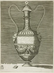 Vaso com duas máscaras grotescas, placa seis de Uma série de vasos desenhados após a antiguidade