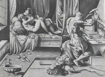 Vênus e Marte se abraçando enquanto Vulcano trabalha em sua forja, 1543.