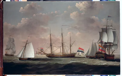 O East Indiaman &39;t Slot ter Hooge&39; e outro transporte em uma brisa rápida fora de um porto holandês, possivelmente Flushing