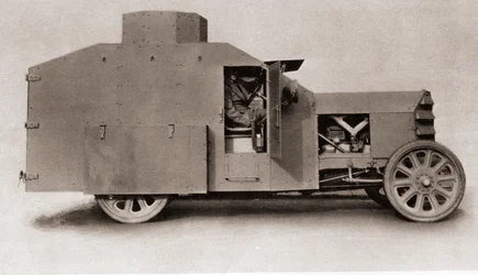 Um carro blindado britânico durante a Primeira Guerra Mundial, de The Illustrated War News, 1915