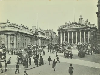 Banco da Inglaterra e Royal Exchange, Threadneedle Street, cidade de Londres, 1890