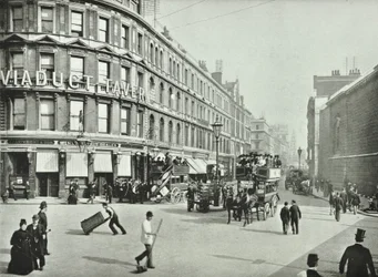 Newgate Street, olhando para o leste de Old Bailey, cidade de Londres, 1890