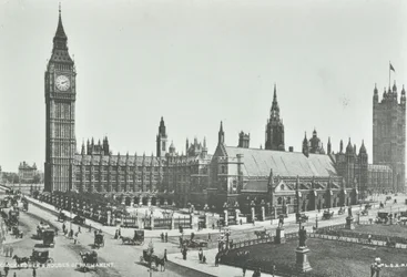 Parliament Square, Westminster LB: olhando para o leste para o Big Ben e Houses of Parliament, 1895