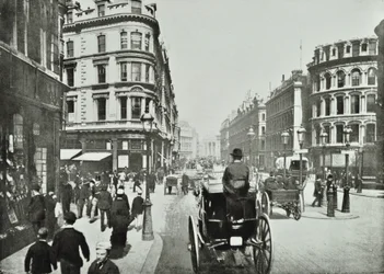 Queen Victoria Street, olhando para o leste da Queen Street, cidade de Londres, 1890