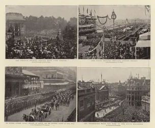 Os Príncipes Estrangeiros passando pelo Hyde Park Corner, Sir Wilfrid Laurier, GCMG, Premier do Canadá, e Colonial Escort em Pall Mall, a Brigada Naval cruzando a Ponte de Londres, a Procissão do Telhado do