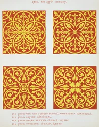Projetos de azulejos do século XIII, ilustração de espécimes de pavimentos de ladrilhos, extraídos de autoridades existentes, por Henry Shaw, 1858