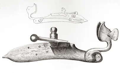 Matchlock do século XVII. Mecanismo ou fechadura utilizada para disparar uma arma de fogo manual, do Exército Britânico: As suas Origens, Progresso e Equipamento, publicado em 1868.