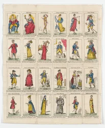 24 personagens da Décima-Noite, 1818 (gravura colorida à mão)